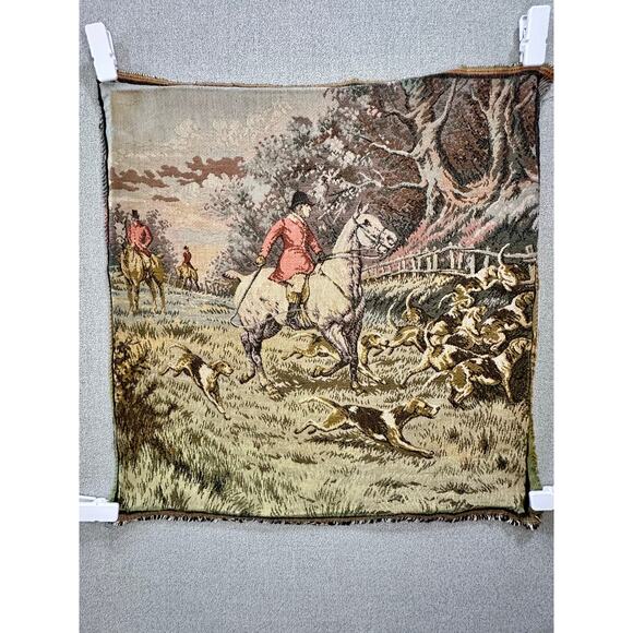 Vintage Fox Hunt Woven Tapestry Panel Horse Hounds Equestrian Scene 18x19 - Picture 3 of 8